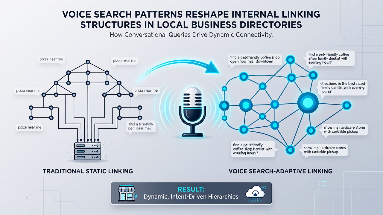 Local business directory dashboard displaying internal link structure analysis with voice search optimization metrics